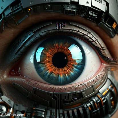 Futuristic portrait blending machine features and human emotions in a unique AI rendering.