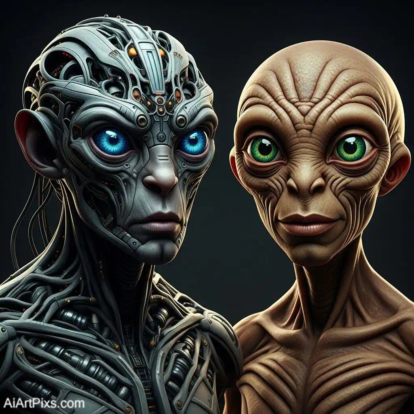 Futuristic portrait blending machine features and human emotions in a unique AI rendering.