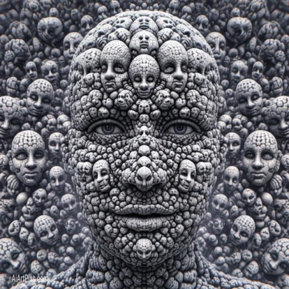 Distorted humanoid figure reimagined by AI with melting, layered effects and synthetic textures.